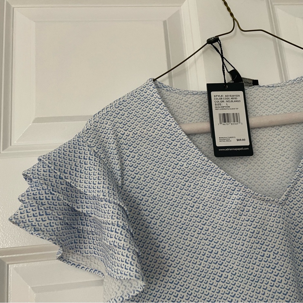 Adrianna Papell Blue and White Ruffle Sleeve Top